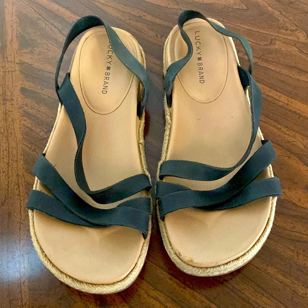 Lucky Brand slip on sandals, black strap, women’s size 9